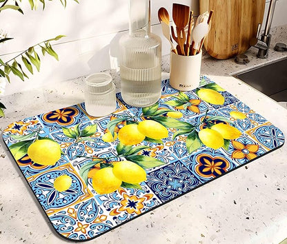 Dish Drying Mat for Kitchen Counter 20x12in Washable Quick Dish Drying Pad Rubber Backed Absorbent Draining Mat Fit Kitchen Counter,Bar,Under Sink,Dishes,Utensils,Dish Rack