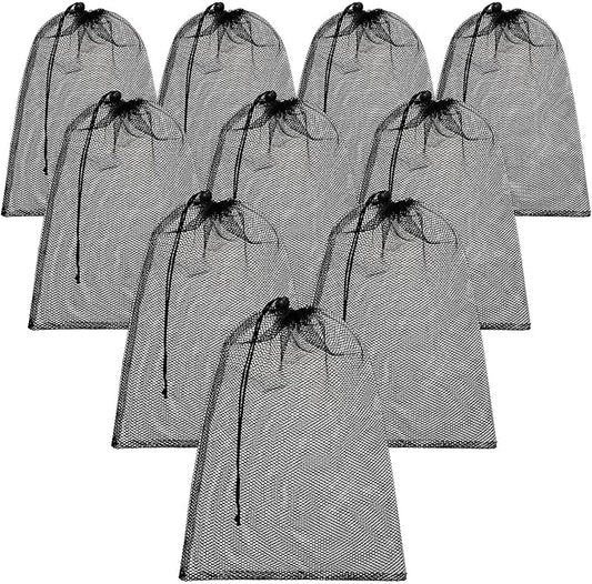 TecUnite 10 Pcs Mesh Laundry Bags with Drawstring Multicolor Mesh Sack Bag Nylon Gift Dishwasher Bag with Sliding for Storage Clothes Socks Jewelry Gifts Toys Fruit(12 x 16 Inch,Black)