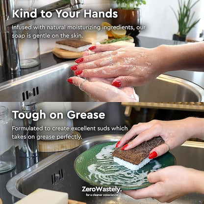 ZeroWastely Natural Dish Soap Bar - Value Pack of 3 Solid Soap Block 16oz - Lemon Scented, Long Lasting, Skin Friendly - Sustainably Made from 100% Organic Ingredients - Plastic Free Dish Soap