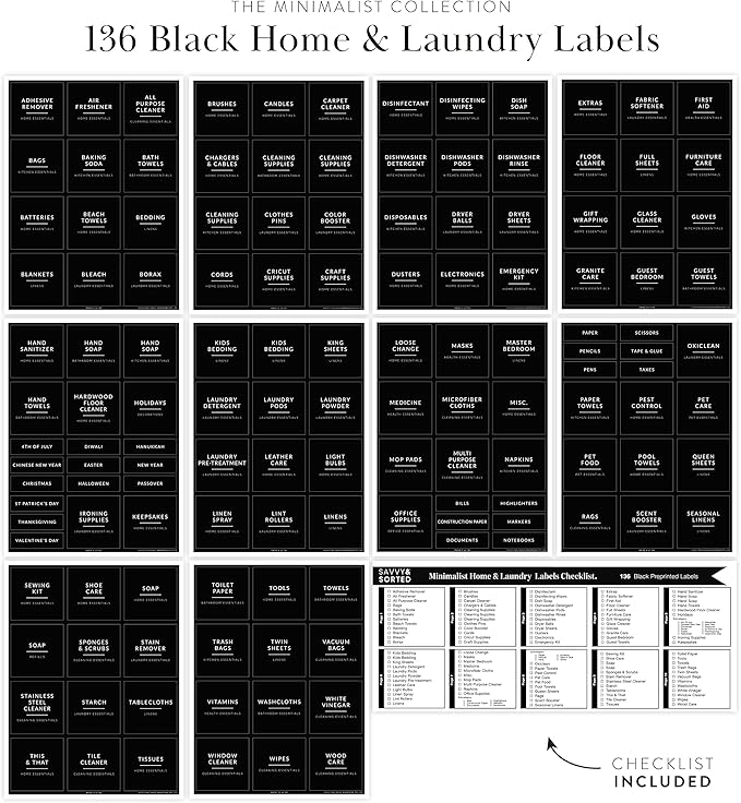 Black Laundry Labels for Jars, 136 Preprinted Home and Laundry Stickers for Storage Bins, Cleaning Jars, Bathroom Spray Bottles, Linen Closet, Household Organization
