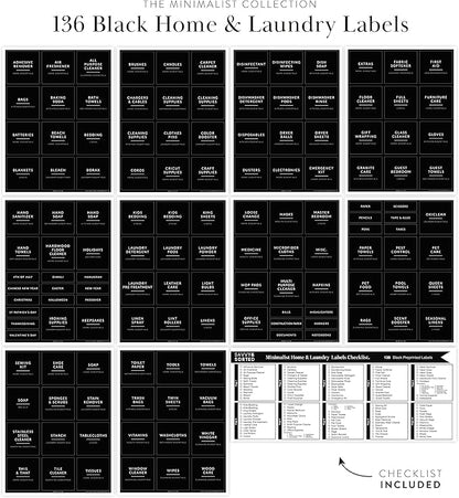 Black Laundry Labels for Jars, 136 Preprinted Home and Laundry Stickers for Storage Bins, Cleaning Jars, Bathroom Spray Bottles, Linen Closet, Household Organization