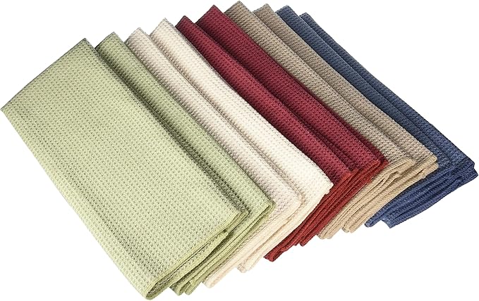 Eurow Microfiber Waffle Weave Kitchen Towels, Fast Dry, Lint-Free, Super Absorbent, Reusable Dish Towels, Multi-Color Set for Drying, Polishing, and Cleaning, 16x28 Inches, 10-Pack