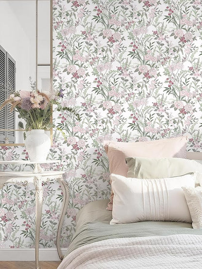 Dimoon 385"x17.3" Vintage Wallpaper Floral Peel and Stick Wallpaper Boho Contact Paper White Pink Green Cute Flower Removable Wall Paper Renter Friendly Kitchen Shelf Bathroom Self Adhesive Vinyl Roll
