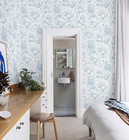 Guvana Peel and Stick Wallpaper Blue Floral Contact Paper Boho Wallpaper Modern Large Blue Flower Wall Paper for Bathroom Bedroom Living Room Accent Wall Removable Waterproof Vinyl Rolls 17.3in×197in