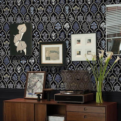 Dimoon 78.7"x17.3" Peel and Stick Wallpaper Contact Paper Floral Vintage Black Wallpaper Modern Removable Wall Paper Self Adhesive Boho Contactpaper for Cabinets Drawers Blue Bedroom Thicken Vinyl