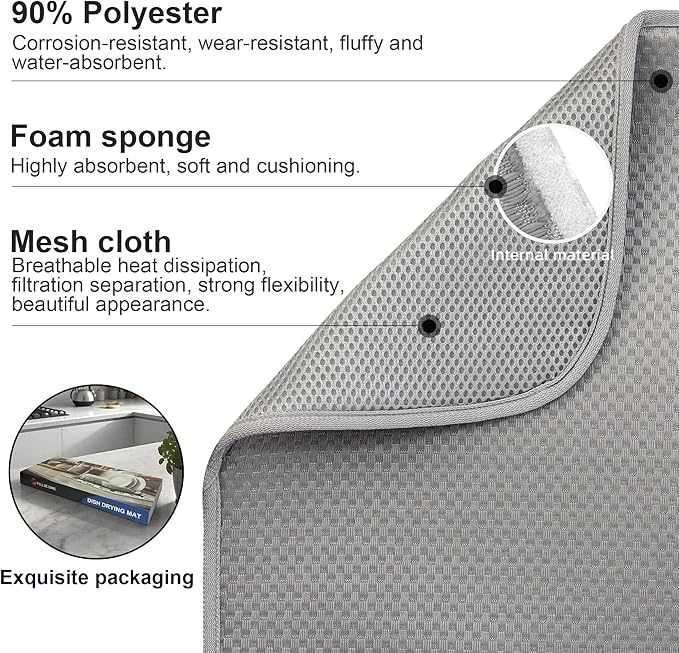 2-Pack Light Gray Dish Drying Mats 17” x 24” – XL Kitchen Drying Mat for Counter, Super Absorbent Microfiber Dish Drying Mat, Foldable Large Dish Drying Mat, Pots, Pans – Dish Drainer Mat