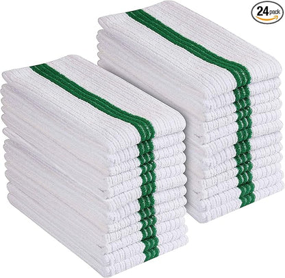 Premium 24 Pack White with Green Stripe Bar Mop Microfiber Towels for Home, Kitchen, Restaurant Cleaning (White/Green Stripe, 14inx18in)