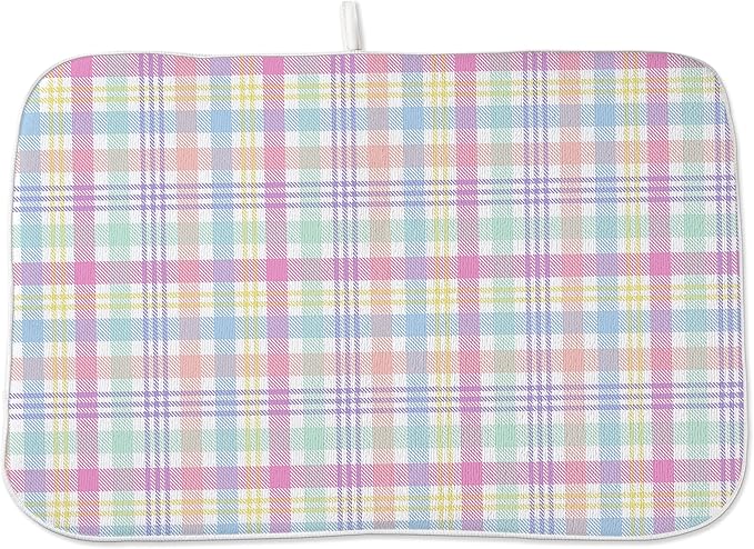 Spring Dish Drying Mat 18x24 Inches For Kitchen Counter Absorbent Easter Colorful Plaid Kitchen Decoration Pink Green Drying Mat Pad For Home Kitchen,Dining Room,Office Decor
