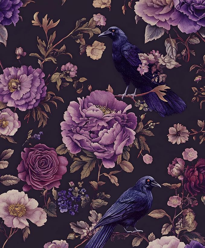 Crow Wallpaper Peel and Stick, Dark Purple Raven Bird Floral Contact Paper, Vintage Witchy Goth Wall Paper Self Adhesive Removable Waterproof for Bathroom Shelf Cabinet Drawer Table 17.5" x 118"