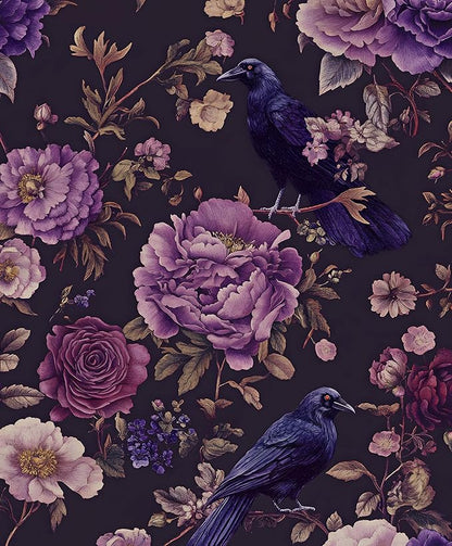 Crow Wallpaper Peel and Stick, Dark Purple Raven Bird Floral Contact Paper, Vintage Witchy Goth Wall Paper Self Adhesive Removable Waterproof for Bathroom Shelf Cabinet Drawer Table 17.5" x 118"