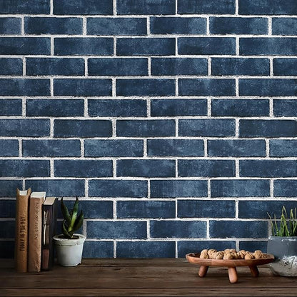 HeloHo 196.8"X17.7" Navy Blue Brick Wallpaper Peel and Stick Self-Adhesive Removable Brick 3D Textured Wall Paper for Kitchen Backsplash Living Room Bedroom Decor