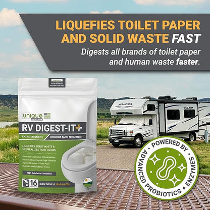 Unique RV Digest-It+ Extra-Strength RV Toilet Treatment Pod - Liquifies Waste and All Brands of Toilet Paper - Eliminates Odors at the Source (16 Pods)