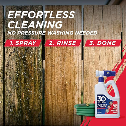 30 Seconds Outdoor Cleaner | Cleans Moss Stains from House, Vinyl Siding, Deck, Patio, Fence - 3 Capped Bottles, 1 Hose End Spray Attachment (64 Fl Oz (Pack of 3)
