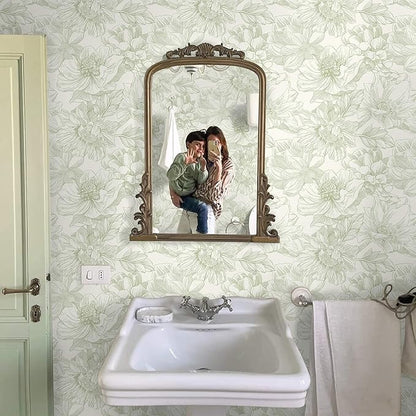 Ismoon Vintage Floral Wallpaper Peel and Stick Beige and Green Contact Paper 17.3inx32.75ft Removable Self Adhesive Wall Paper for Bathroom Bedroom Cabinet Mural Wall Decor Vinyl Renter Friendly