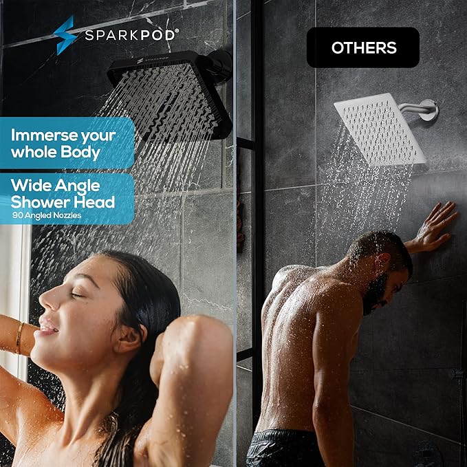 SparkPod Shower Head - High Pressure Rain - Premium Quality Luxury Design - Easy Clean Adjustable Replacement for Your Bathroom Shower Heads (Midnight Black Matte, 8 Inch Square)