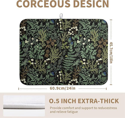 Black Sage Green Plant Dish Drying Mat for Kitchen Counter Vintage Botanic Fern Leaves Floral Dish Drainer Mats Absorbent Microfiber Dishes Pad Reusable Washable Large Dish Draining Mat 18x24 Inch