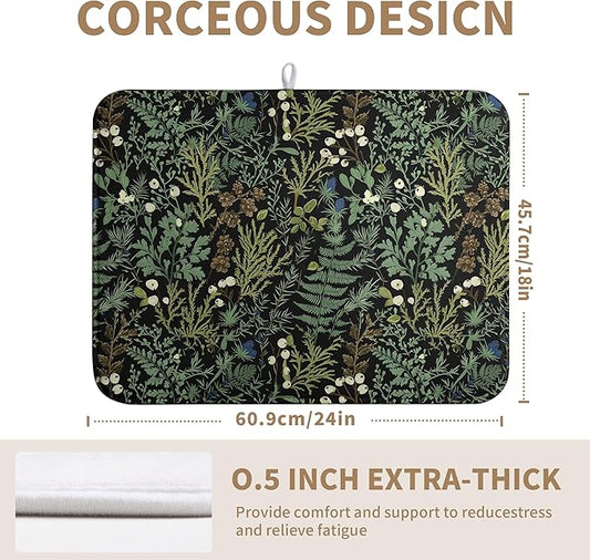 Black Sage Green Plant Dish Drying Mat for Kitchen Counter Vintage Botanic Fern Leaves Floral Dish Drainer Mats Absorbent Microfiber Dishes Pad Reusable Washable Large Dish Draining Mat 18x24 Inch