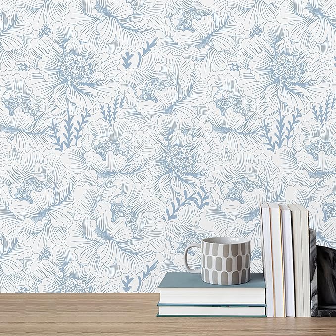 Guvana Peel and Stick Wallpaper Blue Floral Contact Paper Boho Wallpaper Modern Large Blue Flower Wall Paper for Bathroom Bedroom Living Room Accent Wall Removable Waterproof Vinyl Rolls 17.3in×78.7in