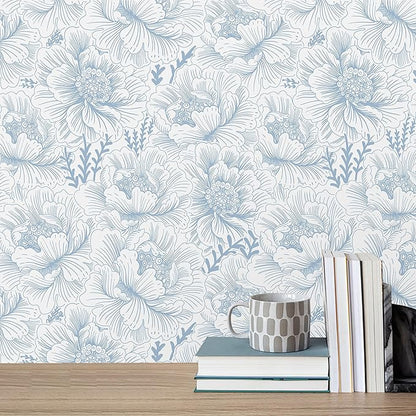 Guvana Peel and Stick Wallpaper Blue Floral Contact Paper Boho Wallpaper Modern Large Blue Flower Wall Paper for Bathroom Bedroom Living Room Accent Wall Removable Waterproof Vinyl Rolls 17.3in×78.7in