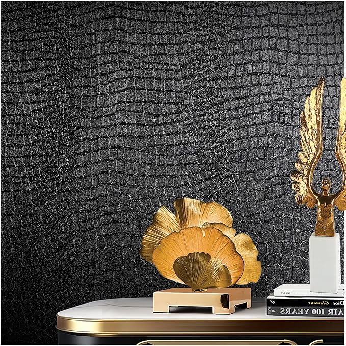Black Peel and Stick Wallpaper, 15.7'' X 197'' Crocodile Wallpaper Embossed Easy off Self Adhesive Removable Contact Paper Textured for Cabinet Bedroom with Knife Tape Measure (Cismmy 0001)
