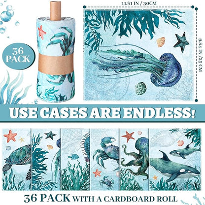 36 Pack Sea Animals Reusable Cleaning Cloths Washable Cotton Kitchen Towels for Home (Blue)