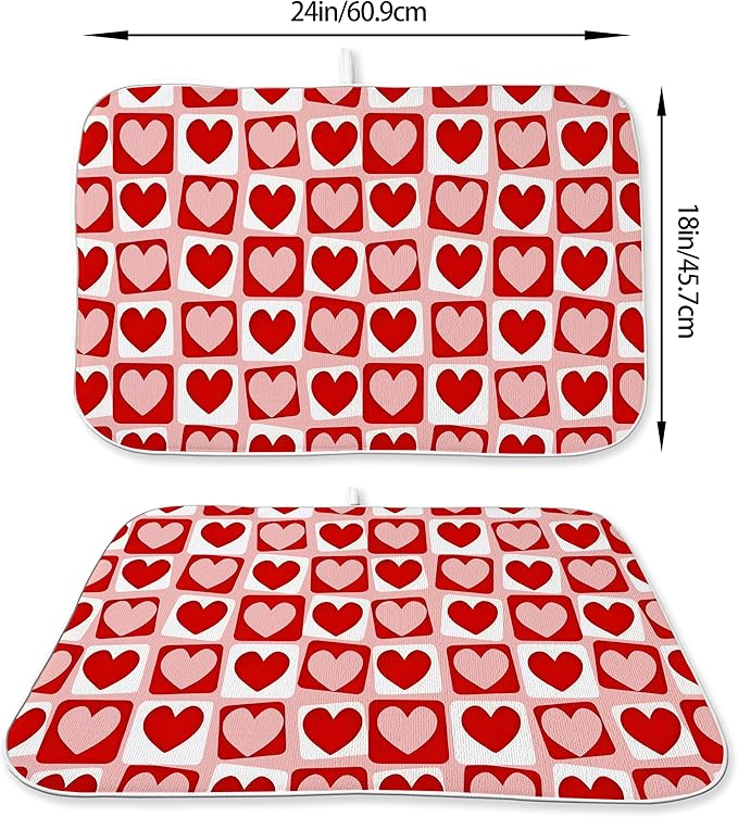 Valentines Day Dish Drying Mats 18x24 Inch Pink Red Heart Plaid Drying Mats Anniversary Holiday Checkered Valentines Decorations Absorbent Drying Dish Mats for Kitchen Dining Room Counter Decor