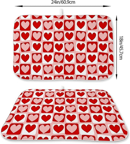 Valentines Day Dish Drying Mats 18x24 Inch Pink Red Heart Plaid Drying Mats Anniversary Holiday Checkered Valentines Decorations Absorbent Drying Dish Mats for Kitchen Dining Room Counter Decor