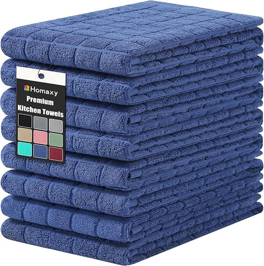 Homaxy Premium Cotton Kitchen Towels 16"x 28", Large Natural Ring Spun 390 GSM Dish Towels, Super Absorbent Terry Kitchen Hand Towels, Soft Tea Towels with Hanging Loop, Pure Navy Blue Design, 8 Pack