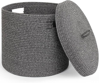 Storage Basket with Lid, Woven Blanket Storage for Living Room, Cute Cotton Rope Bin with Lid, Round Wicker Laundry Basket with Cover, Decorative Kid Dog Toy Box, Nursery Organizer, 15"x13"