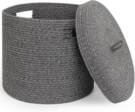Storage Basket with Lid, Woven Blanket Storage for Living Room, Cute Cotton Rope Bin with Lid, Round Wicker Laundry Basket with Cover, Decorative Kid Dog Toy Box, Nursery Organizer, 15"x13"