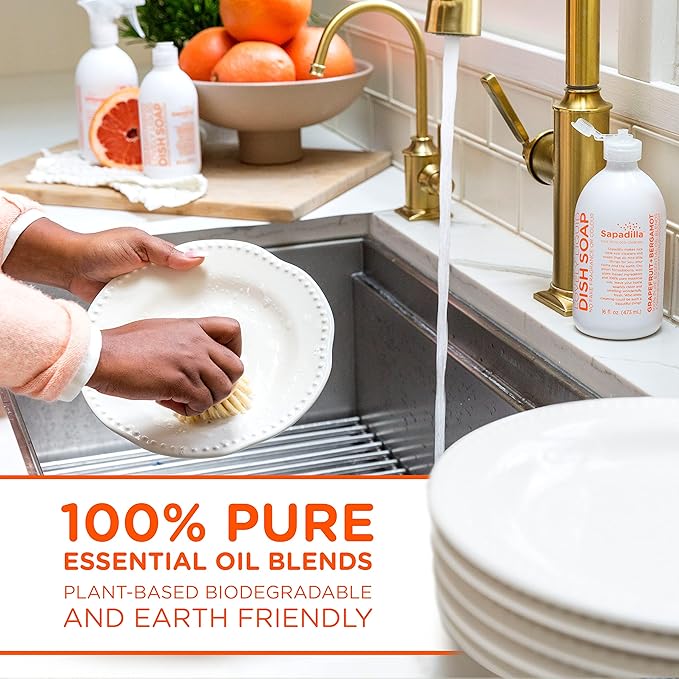 Sapadilla Liquid Dish Soap - Grapefruit + Bergamot - Made with 100% Pure Essential Oil Blends, Tough on Grease, Aromatic & Fragrant Dishwashing Liquid, Plant Based, Biodegradable, 16 Ounce (Pack of 1)