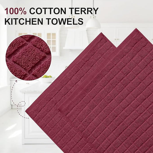 Homaxy Premium Cotton Kitchen Towels 16"x 28", Large Natural Ring Spun 390 GSM Dish Towels, Super Absorbent Terry Kitchen Hand Towels, Soft Tea Towels with Hanging Loop, Pure Red Design, 6 Pack