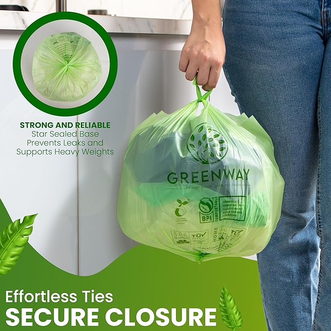 GREENWAY 3 Gallon Compostable Bags with Handles, 100 Count, 0.70 Mil, Food scrap bags, US BPI & Europe OK Compost Home Certified