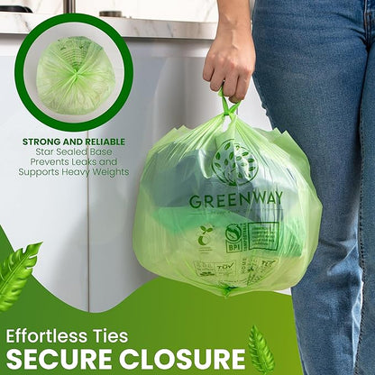 GREENWAY 3 Gallon Compostable Bags with Handles, 100 Count, 0.70 Mil, Food scrap bags, US BPI & Europe OK Compost Home Certified