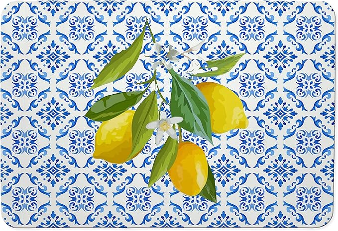 Blue and White Floral Lemon Dish Drying Mat, Mediterranean Tiles Coffee Bar Mat for Countertops, Lemons Absorbent Dish Drying Mats for Kitchen Counter Coffee Maker, 16x24 Inch