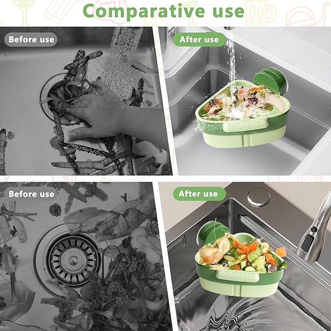 Kitchen Sink Strainer Basket, Suction Cup Press-to-attach Sink Filters, Upgraded Automatic Tipping Sink Filter Basket, Faucet Sponge Storage Shelf, Corner Sink Strainers (Green)