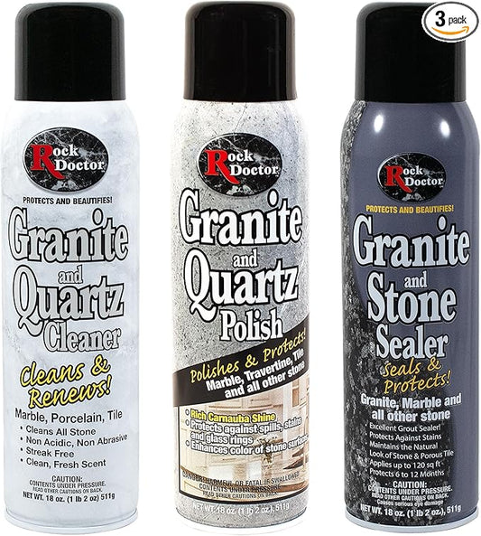 Rock Doctor Granite & Quartz Care Kit, 3 Piece Maintenance Stone Care Combo Kit – Cleans & Renews Marbel, Travertine, Tile and All Other Stone, Fresh, Pack of 3, 54.0 Ounce