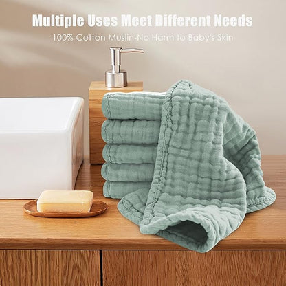 MOON PARK Baby Washcloths, 12 Pack - 12x12 Inches, Small Burp Cloths and Baby Wipes - 100% Cotton Muslin Ultra Soft for Newborn, Infant and Toddlers - Green