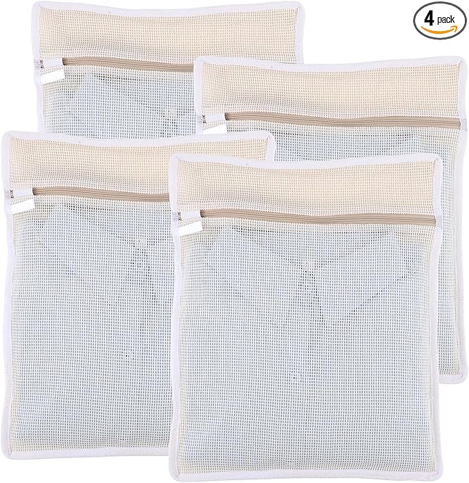 Dntorx 4Pcs Durable Cotton Mesh Laundry Bags for Delicates, 12×16inch Breathable Laundry Mesh Wash Bags with Sturdy Zipper for Delicates, Clothes, Pants, Underwear, Bra, Socks (M)