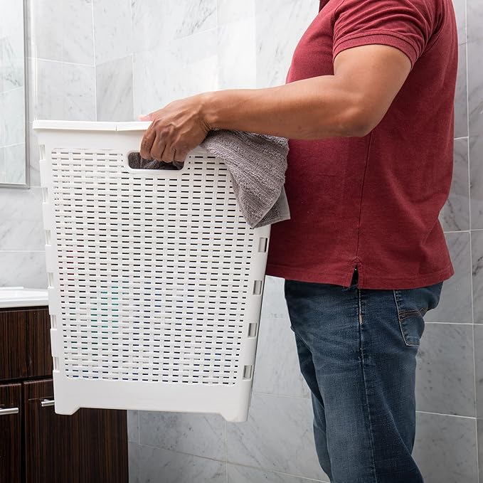 Mind Reader 61L Foldable Laundry Hamper, Clothes Basket, Lid, Wicker Design, Plastic, 18"L x 14.5"W x 21.25"H, White
