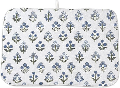 Block Print Dish Drying Mat 18x24 Inches For Kitchen Counter Boho Blue Flower Kitchen Decoration Drying Mat Modern Decorative Floral Drying Pad Mat for Home Kitchen Decor,Dining Room,Office