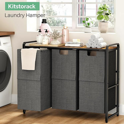 Kitstorack Laundry Hamper with Shelf - Laundry Basket Organizer with 3 Pull-Out Removable Bags Laundry Sorter Dirty Clothes Hamper for Laundry Room Storage Bathroom, 3 X 11.8 Gallons (44.5L)