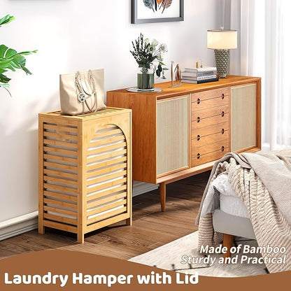 FILWH Laundry Hamper with Lid (16.9 * 13 * 26.5inches) Large Bamboo Laundry Bin Basket 85L Clothes Hamper with 1 Removable Bag Storage baskets for Bathroom(Natural)
