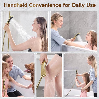 BRIGHT SHOWERS Dual Shower Head with Handheld, High Pressure Rainfall Shower Head Combo, 60-Inch Stainless Steel Hose, Brushed Gold