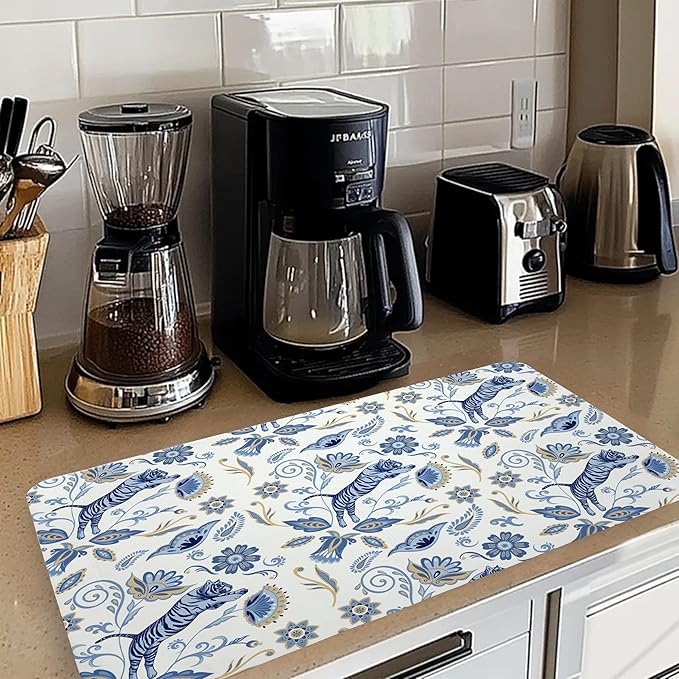 Blue and White Floral Tiger Dish Drying Mat, Chinoiserie Tiger Coffee Bar Mat for Countertops, Abstract Flower Absorbent Dish Drying Mats for Kitchen Counter Coffee Maker, 16x24 Inch