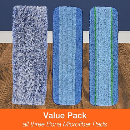 Bona Microfiber Pad 3-Pack includes Dusting, Cleaning, and Deep Cleaning Pad, for Hardwood and Multi-Surface Floors, fits Bona Family of Mops