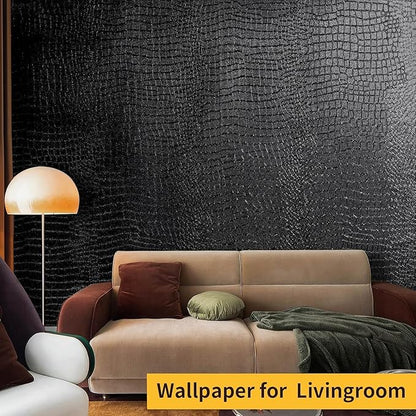 Black Peel and Stick Wallpaper, 15.7" X 787" Crocodile Embossed Easy Peel Off Wallpaper Self Adhesive Removable Contact Paper Textured for Cabinet, Bedroom