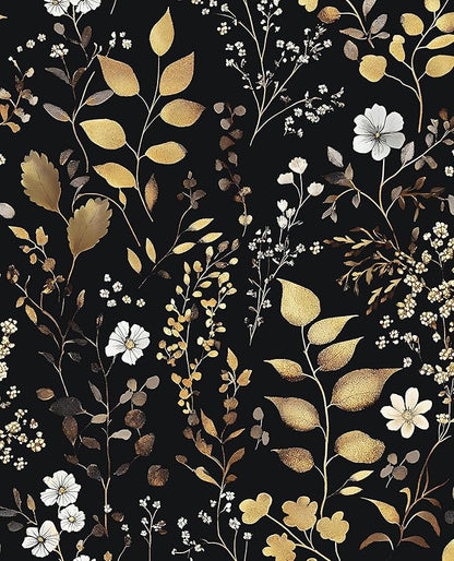 Laatse Boho Wallpaper Peel and Stick Dark Floral Wallpaper 17.5in x393in Vintage Leaf Contact Paper Vinyl Waterproof Self Adhesive Golden Leaf Botanical Wall Paper for Cabinet Table Drawer Decor