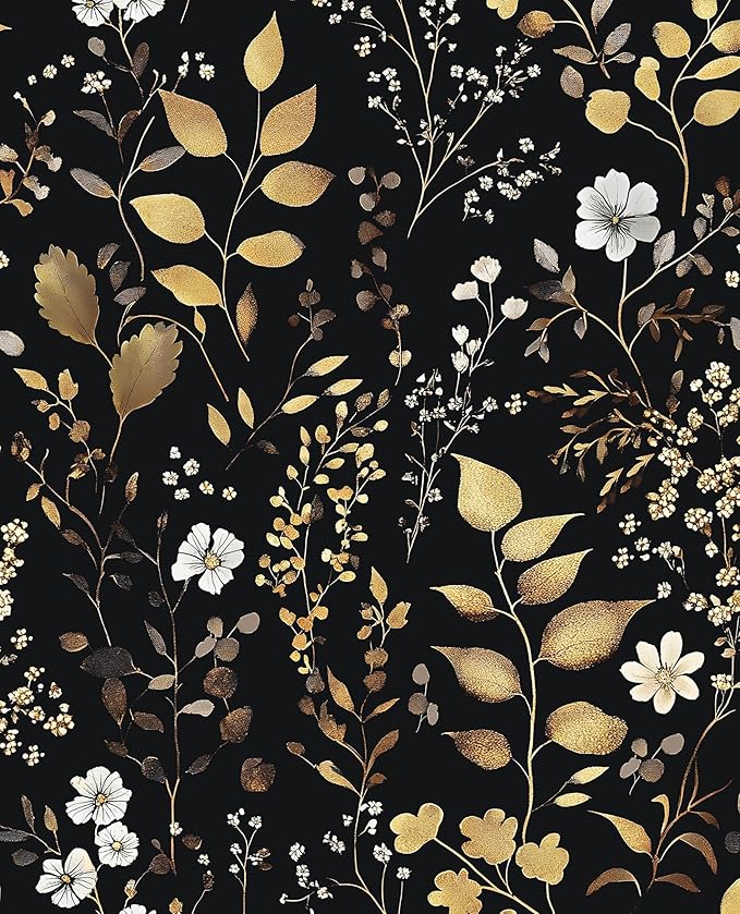Laatse Boho Wallpaper Peel and Stick Dark Floral Wallpaper 17.5in x118in Vintage Leaf Contact Paper Vinyl Waterproof Self Adhesive Golden Leaf Botanical Wall Paper for Cabinet Table Drawer Decor