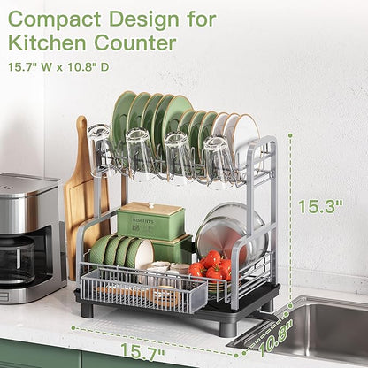 romision 2 Tier Compact Stainless Steel Dish Drainers Drying Rack for Kitchen Counter, Space Saving, Rust Proof Plate Strainers Holder On Countertop with Drainboard, Modern Gray, Small